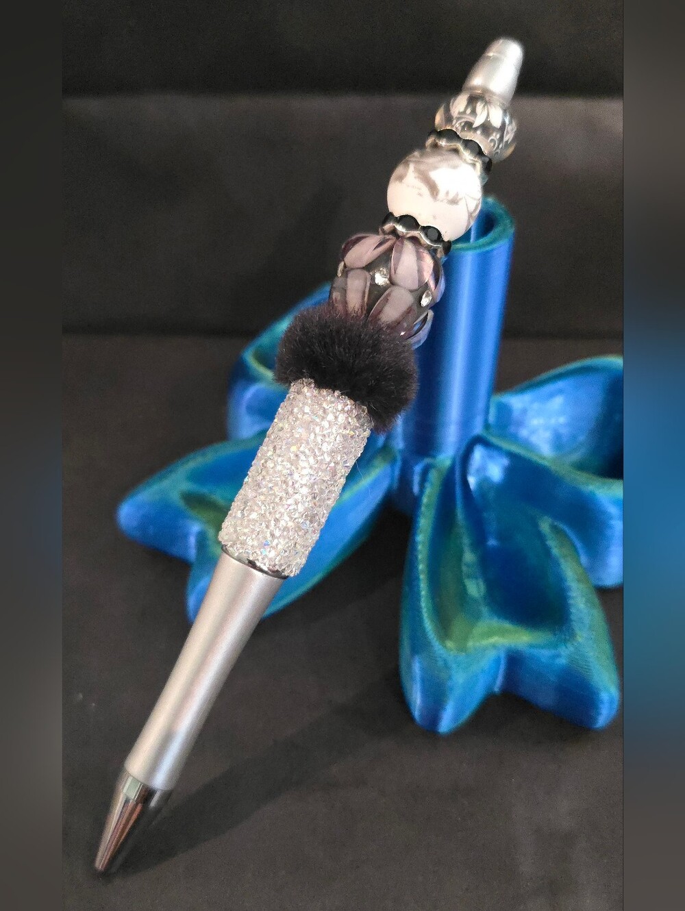 Crystal Beaded Pen with Black Fur Accent